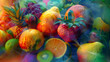 Exuberant Tropical Fruit Collage: A Vibrant Artistic Portrait Illustration of Assorted Delicious and Dazzling Fruits