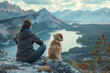 © elinorka - Woman with dog on top of a mountain watching a beautiful landscape of mountain lake