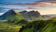 vibrant icelandic landscape of green moss covered mountains at dawn