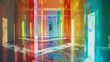 A hallway lined with crystal panels that refract natural light transforming it into a vibrant rainbow spectrum that seems to envelop anyone walking through it. .