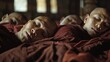 A group of monks sleep side by side in a monastery their peaceful expressions a reflection of their devotion to a life of simplicity and inner peace. .
