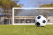 A soccer ball is resting on green grass with goal in background, copy space, on field outdoors