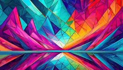 vibrant geometric background featuring a rainbow of colors such as aqua, magenta, and electric blue. This art piece showcases colorfulness, symmetry, and patterns in visual arts