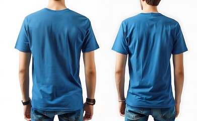 Blue t-shirt template on a white background, front and back views of an isolated male person wearing a blue t-shirt mockup, a casual man wearing a blank blue tee for design presentation