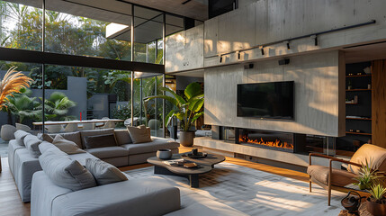 Wall Mural - Spacious villa interior with cement wall effect, fireplace and tv