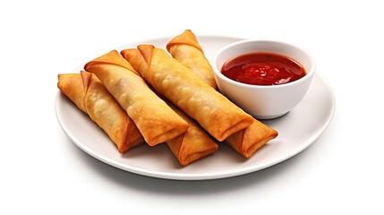 Wall Mural - Traditional spring rolls with chili sauce on a white plate isolated on white background.