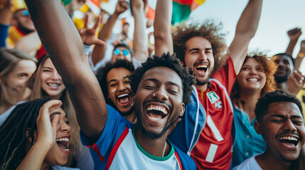 group of multi-ethnic people celebrating football game