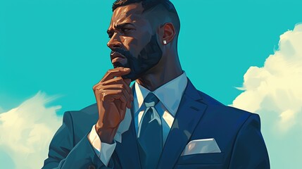 Canvas Print - Illustration of a black businessman deep in thought captured in a realistic 2d pose