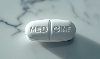 Wall Mural - A white pill with the word medcine on it sitting in a marble counter. Generative AI.