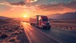 Massive Truck Traversing Scenic Desert Highway at Breathtaking Sunset