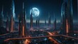 A futuristic city with a full moon in the background. Generative AI.
