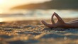 A person laying on the beach with their hands in a yoga pose. Generative AI.