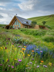 Poster - A house is sitting in a field of wildflowers with mountains behind it. Generative AI.