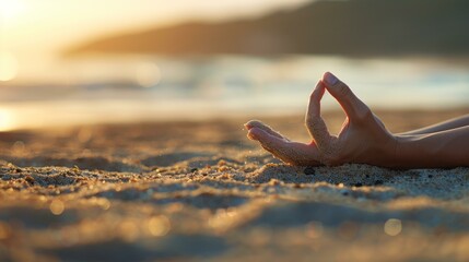 Poster - A person laying on the beach with their hands in a yoga pose. Generative AI.