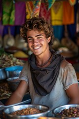 Wall Mural - A man smiling while standing in front of a table with bowls. Generative AI.