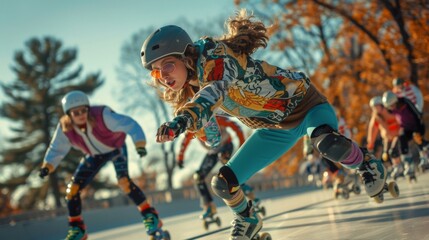 Wall Mural - A group of people riding rollerblades down a road. Generative AI.