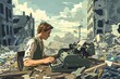 war correspondent typing story amidst ruins of conflict zone wartime journalism and storytelling illustration