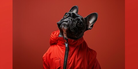 Poster - A black dog wearing a red jacket with his head up. Generative AI.