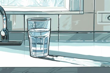 Wall Mural - water glass filled to the brim on kitchen counter simple yet striking minimalist composition digital illustration