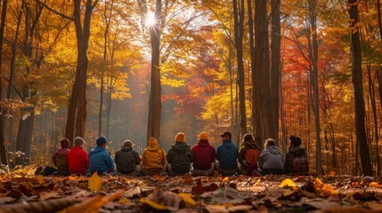 Sticker - A group of people sitting in the woods with trees around them. Generative AI.