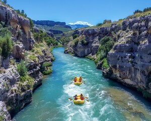 Poster - People are rafting down a river in the mountains. Generative AI.