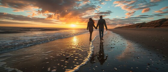 Poster - A couple holding hands walking along the beach at sunset. Generative AI.