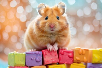 Poster - A hamster is standing on top of a stack of colorful blocks. Generative AI.