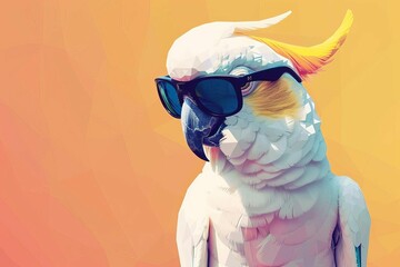 Wall Mural - white parrot wearing sunglasses colorful faceted vector art illustration on solid background