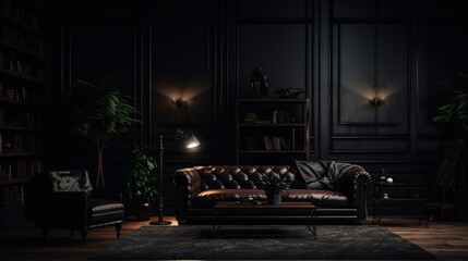 Wall Mural - Luxury house living room interior with large sofa and wooden table in dark color.