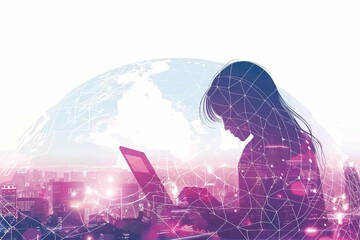 woman using laptop global internet network connection with cityscape digital transformation concept illustration