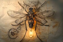 A Hyperrealistic Drawing Of A Mechanical Mosquito With Intricate Gears And The Bottom Is A Light Bulb