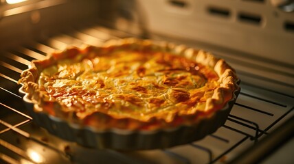 Wall Mural - Golden-brown quiche baking in oven on rack