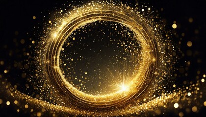 Wall Mural - gold glitter circle of light shine sparkles and golden spark particles in circle frame on black back