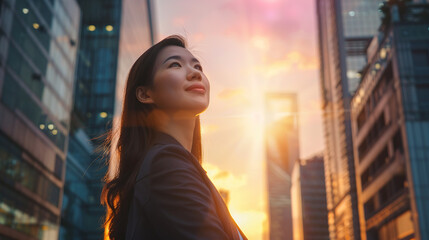 Wall Mural - Happy wealthy rich successful asian businesswoman standing in big city modern skyscrapers street on sunset thinking of successful vision, dreaming of new investment opportunities. Generative AI