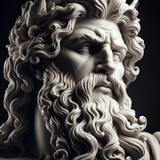 Fototapeta  - Handsome marble statue of powerful greek god Zeus over dark background, The powerful king of the gods in ancient Greek religion.	