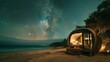 A secluded beachside pod where guests can doze off to the sound of ocean waves and a sky full of shooting stars. 2d flat cartoon.