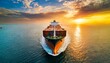 Sunset voyage, aerial perspective of cargo ship at sea