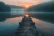 Peaceful sunrise in the lake with a jetty, perfect for travel or nature-themed usage.