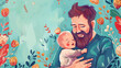 Farther day pastel flat illustration, a father holding his children with love