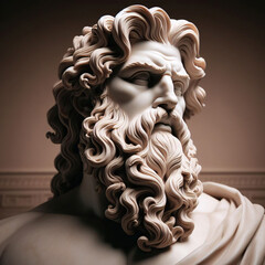 Handsome marble statue of powerful greek god Zeus over dark background, The powerful king of the gods in ancient Greek religion.	