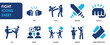 © Parbat - Fight icon vector set. Symbol of fight, sword, hit, arm wrestling and so on. Flat fighting and argument icons.
