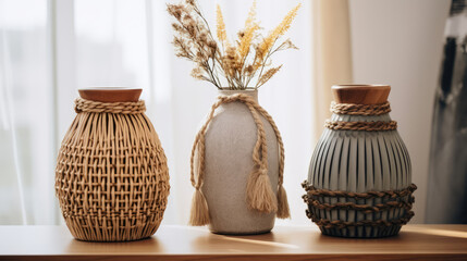 Close up of decorative jars and vase decoraed with macrame knotting on wooden table. Home decor and accent pieces. Interior design of modern living room. Generative AI