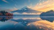 The early morning sun casts a golden glow over Lake Kawaguchiko, framing Mount Fuji's iconic peak. A luxurious travel snapshot capturing nature's grandeur.





