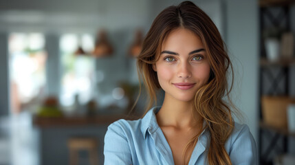 Wall Mural - Happy young smiling confident professional business woman wearing blue shirt, pretty stylish female executive looking at camera, standing arms crossed at grey background concept.