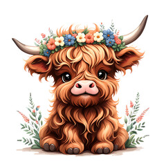 Wall Mural - Baby highland cow flowers wreath png isolated , cute animal overlay for baby shower, party invitation