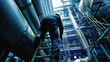 A High Pressure Plumber stands atop a ladder sweat dripping down his brow as he inspects a massive tank looming above. The intricate network of pipes and machinery stretching out behind .