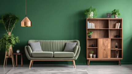 Wall Mural - Rustic cozy sofa, wooden cabinet against window near green wall with book shelves. Scandinavian home interior design of modern living room Generative AI