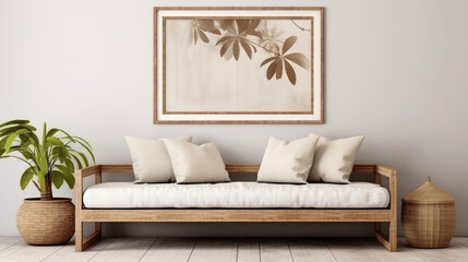 Wall Mural - Rattan chair near wooden bench and poster frame on beige wall. Boho interior design of modern living room. Generative AI