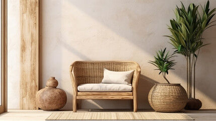 Wall Mural - Rattan chair near wooden bench and poster on it. Boho style interior design of modern living room. Generative AI