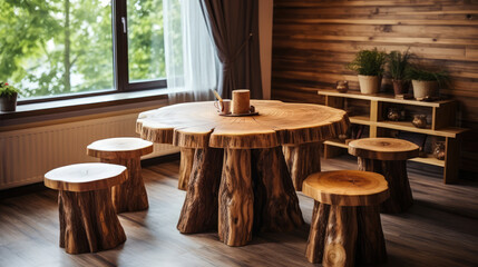 Wall Mural - Handmade wooden log furniture, round dining table and stump stool. Rustic interior design of modern living room in country house. Generative AI
